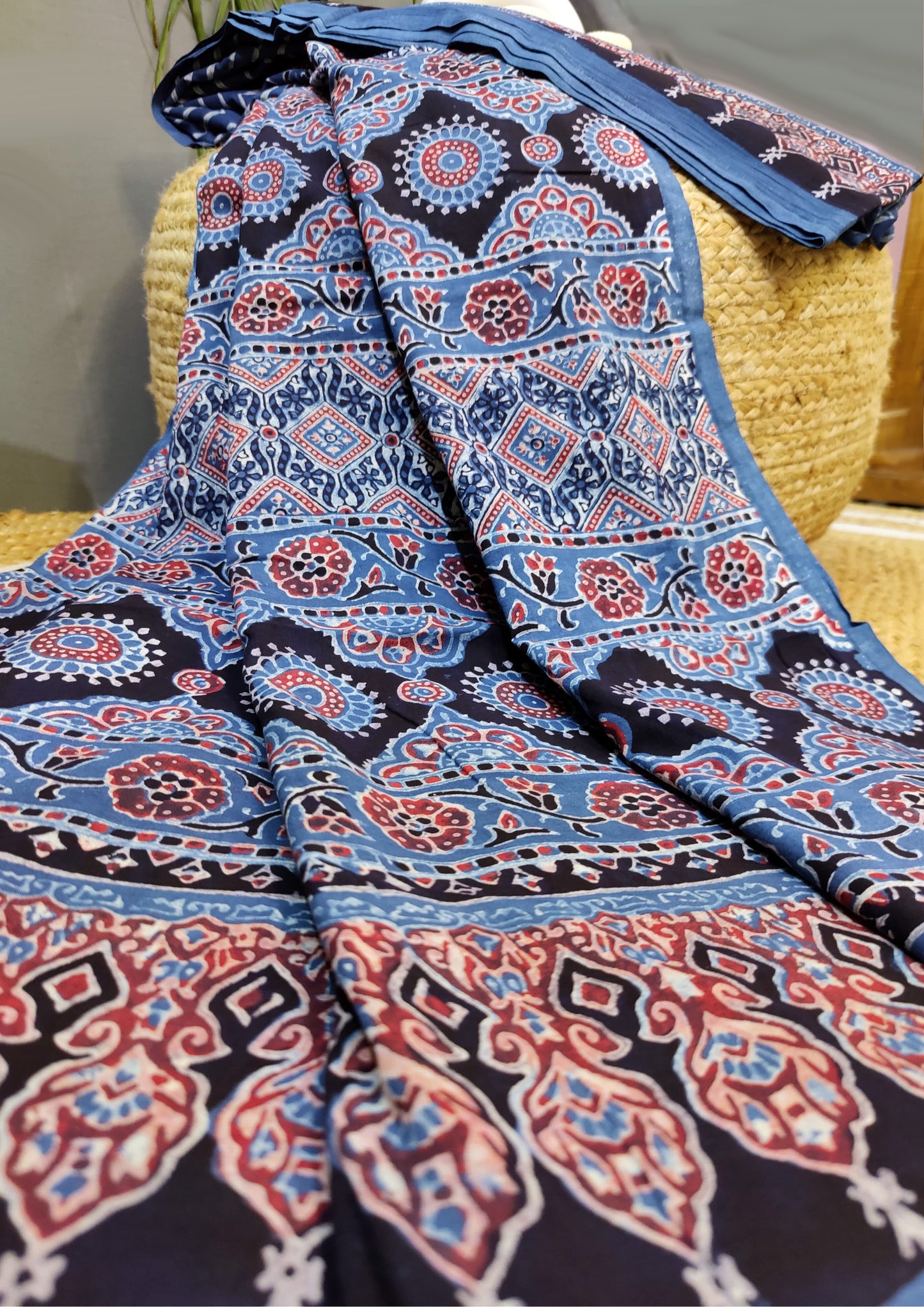Ajrakh Handblock Printed Cotton Mulmul Saree- Mco6 Blue Red