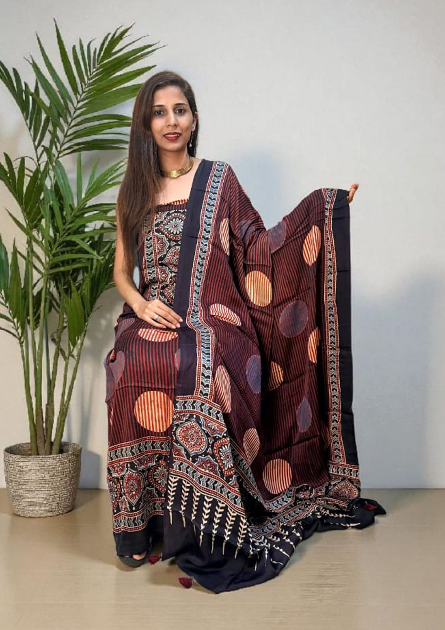 Ajrakh Handblock Printed Modal Suit- Red Ajm5