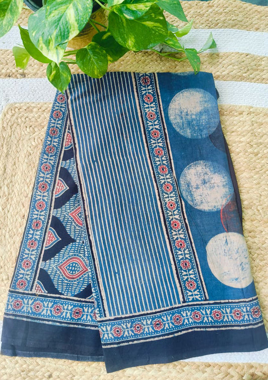 Ajrakh Cotton Dupatta- D4 Indigo