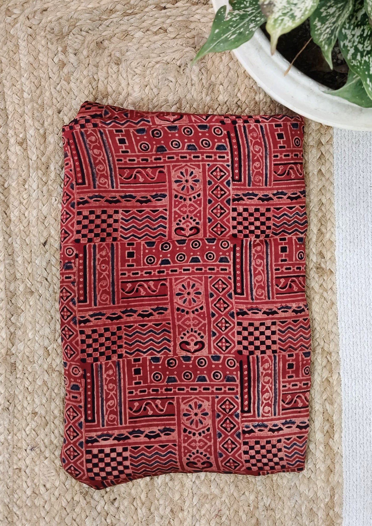 Ajrakh Handblock Printed Modal Saree- M13 Red