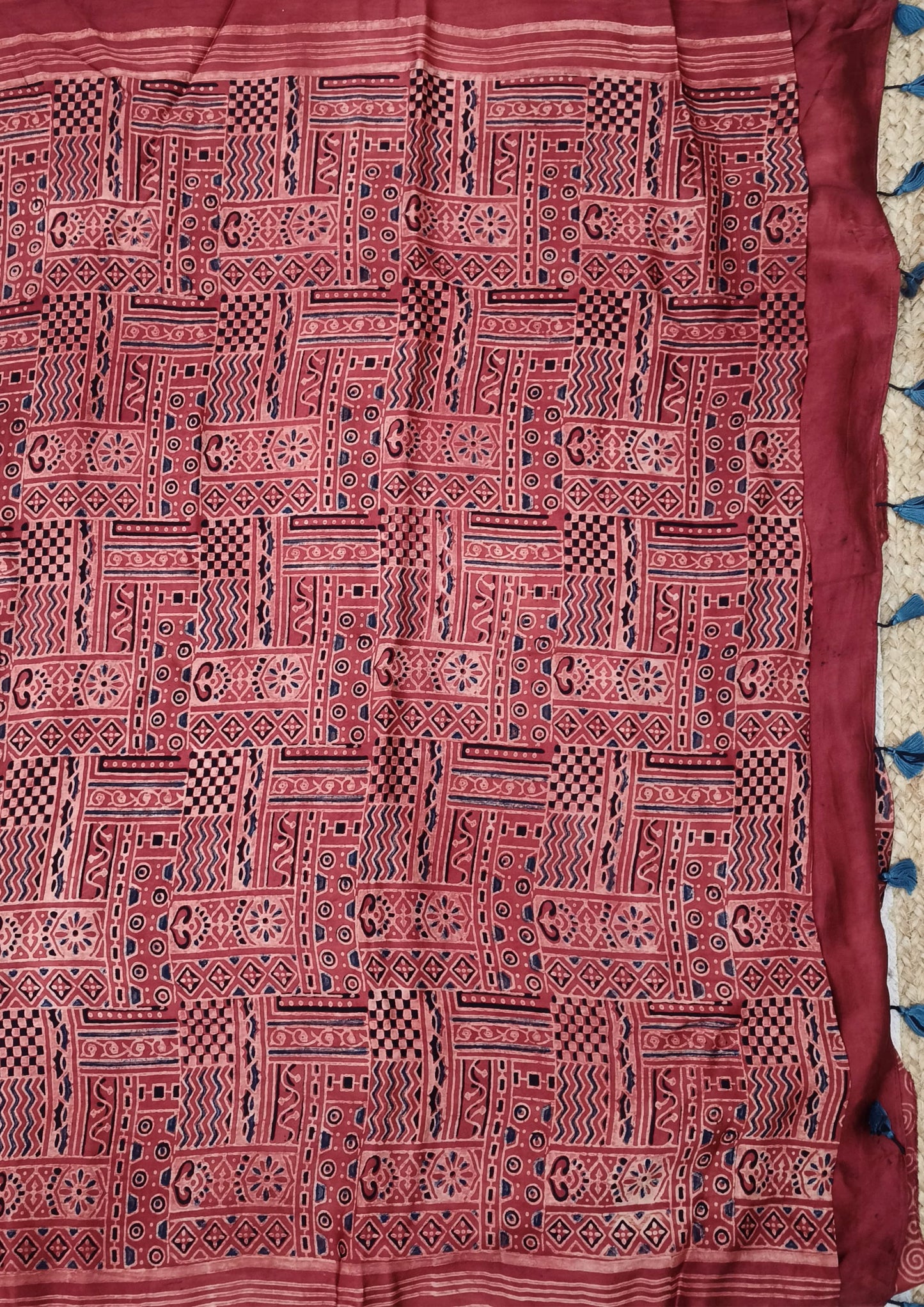 Ajrakh Handblock Printed Modal Saree- M13 Red