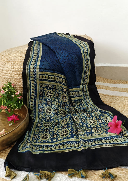 Handblock Printed Ajrakh Modal Stole- S8