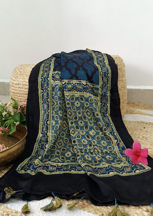 Handblock Printed Ajrakh Modal Stole- S10