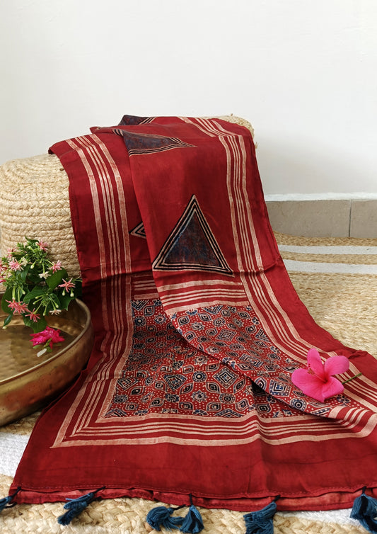 Handblock Printed Ajrakh Modal Stole- S7