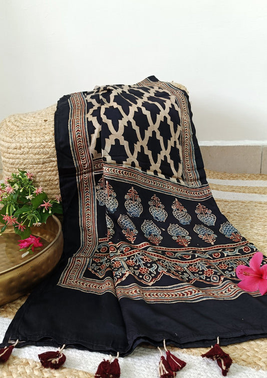 Handblock Printed Ajrakh Modal Stole - S1