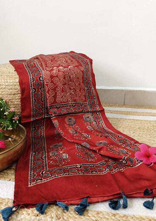 Handblock Printed Ajrakh Modal Stole- S6