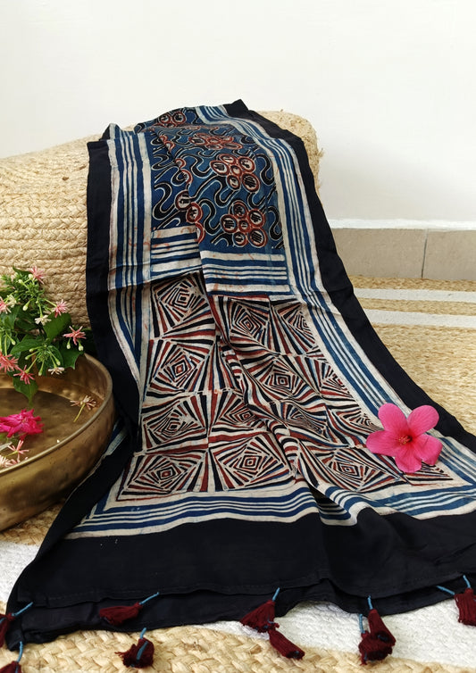 Handblock Printed Ajrakh Modal Stole- S5