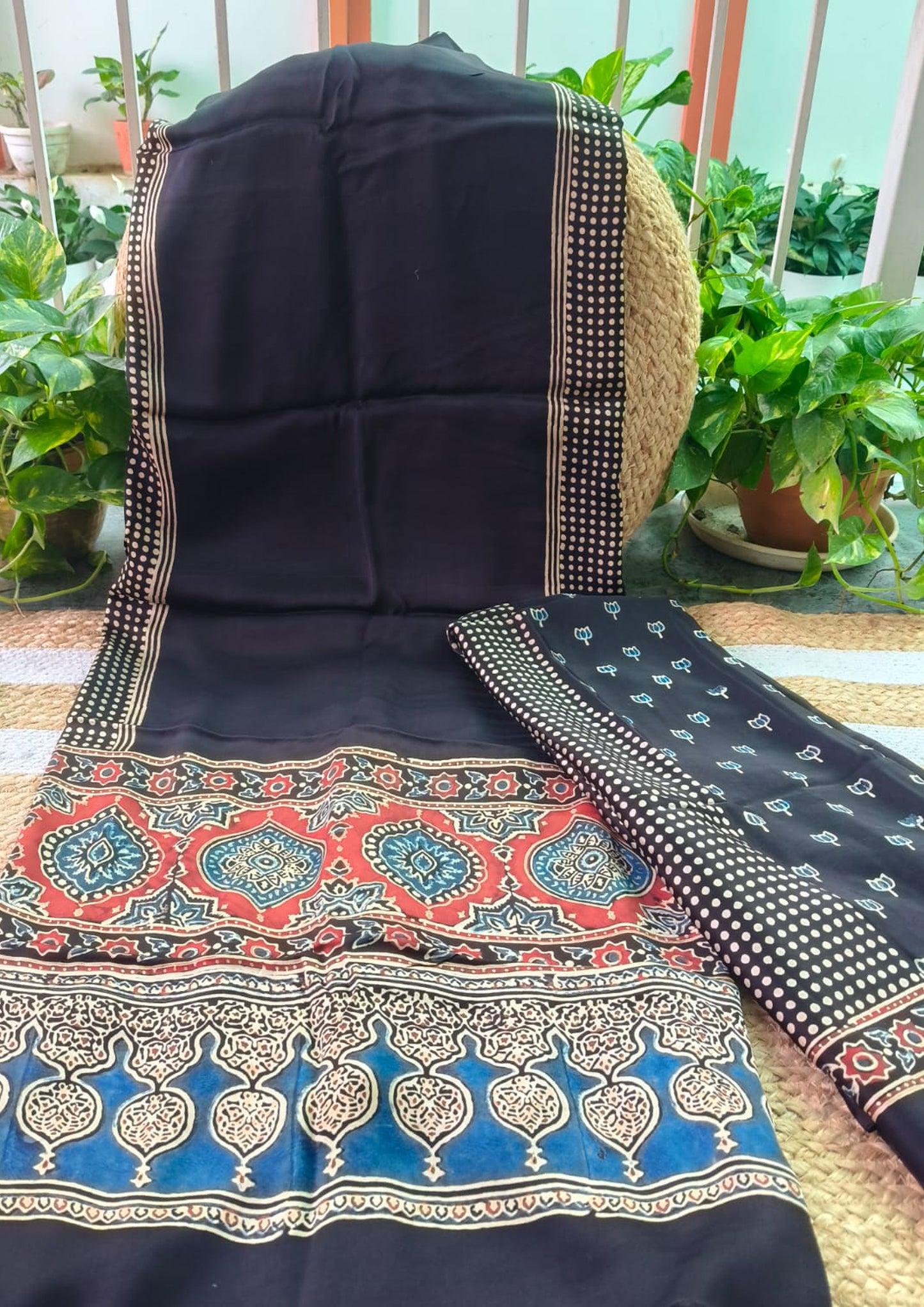Ajrakh Handblock Printed Modal Suit- Black Ajm3