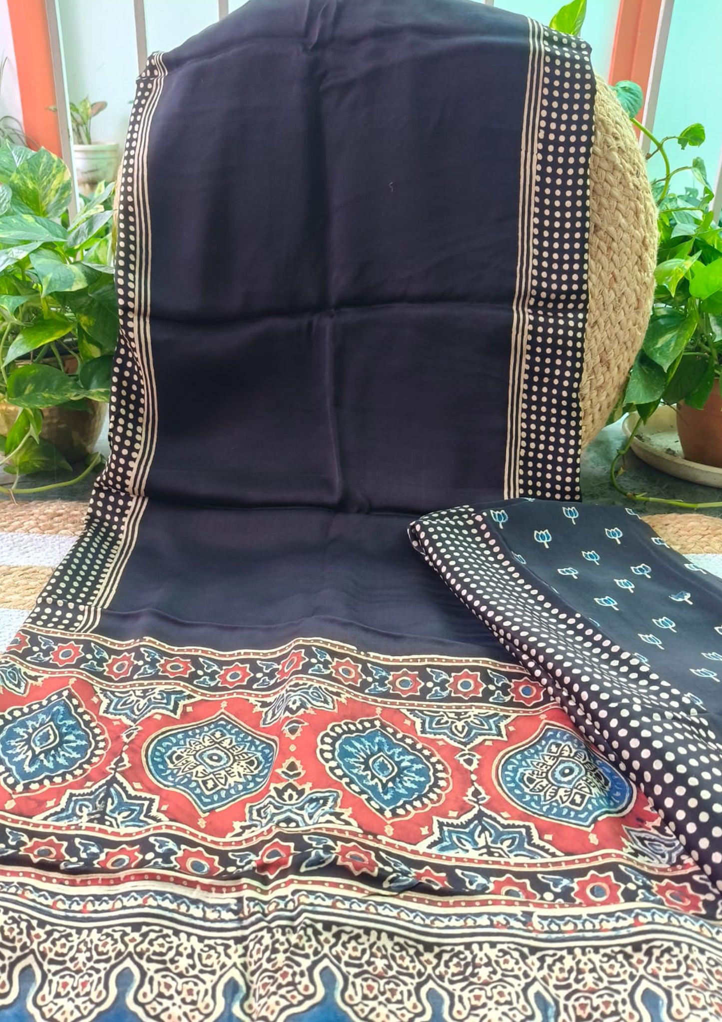 Ajrakh Handblock Printed Modal Suit- Black Ajm3