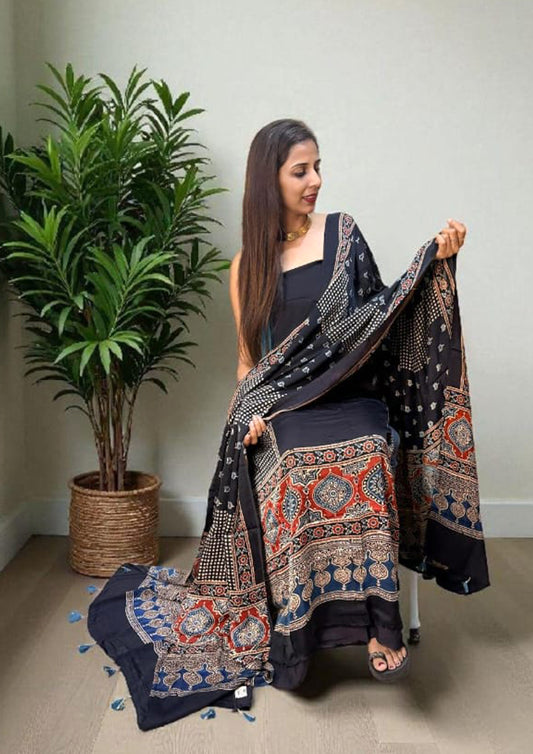 Ajrakh Handblock Printed Modal Suit- Black Ajm3