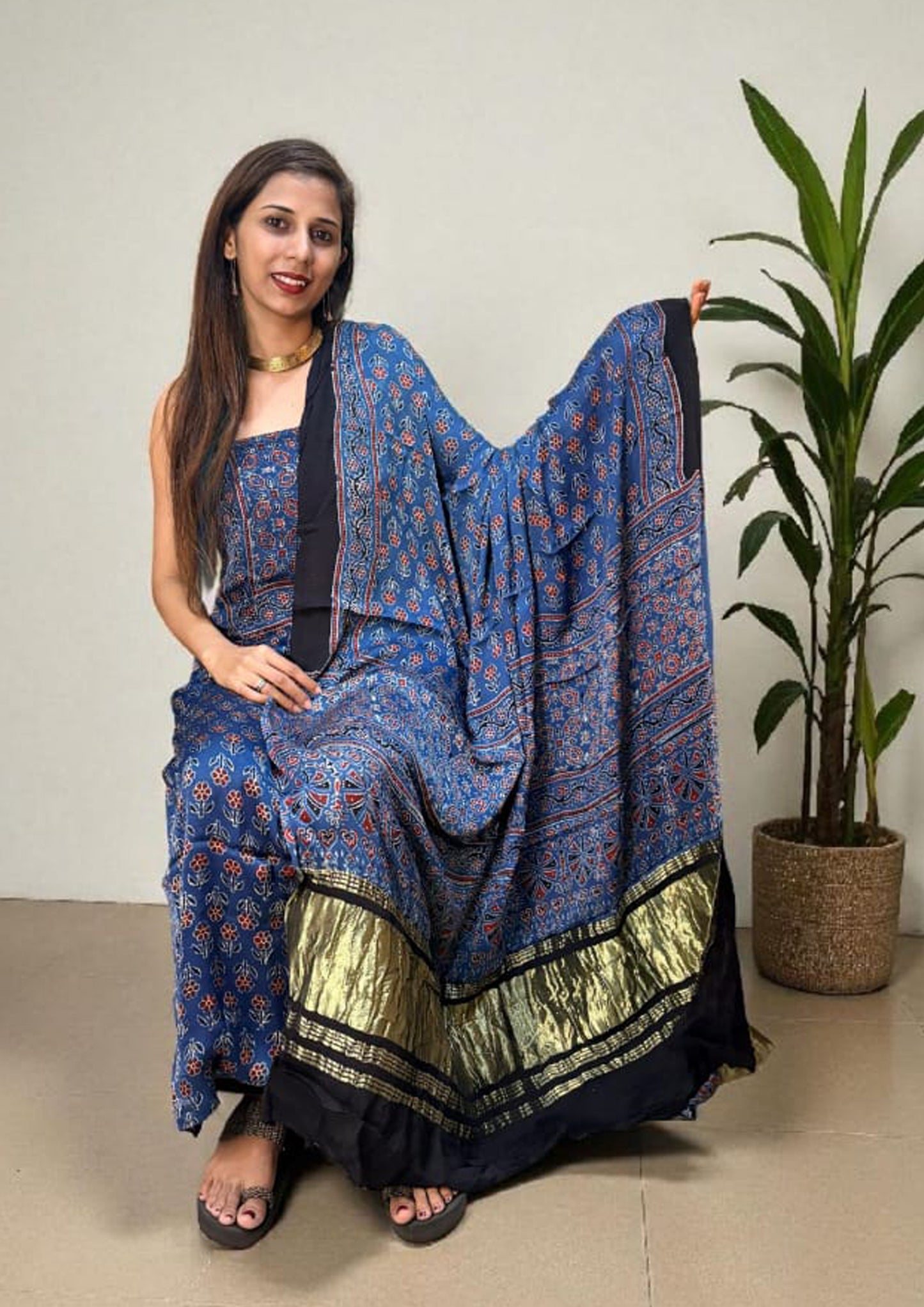 Ajrakh Handblock Printed Modal Suit- Blue Ajm2