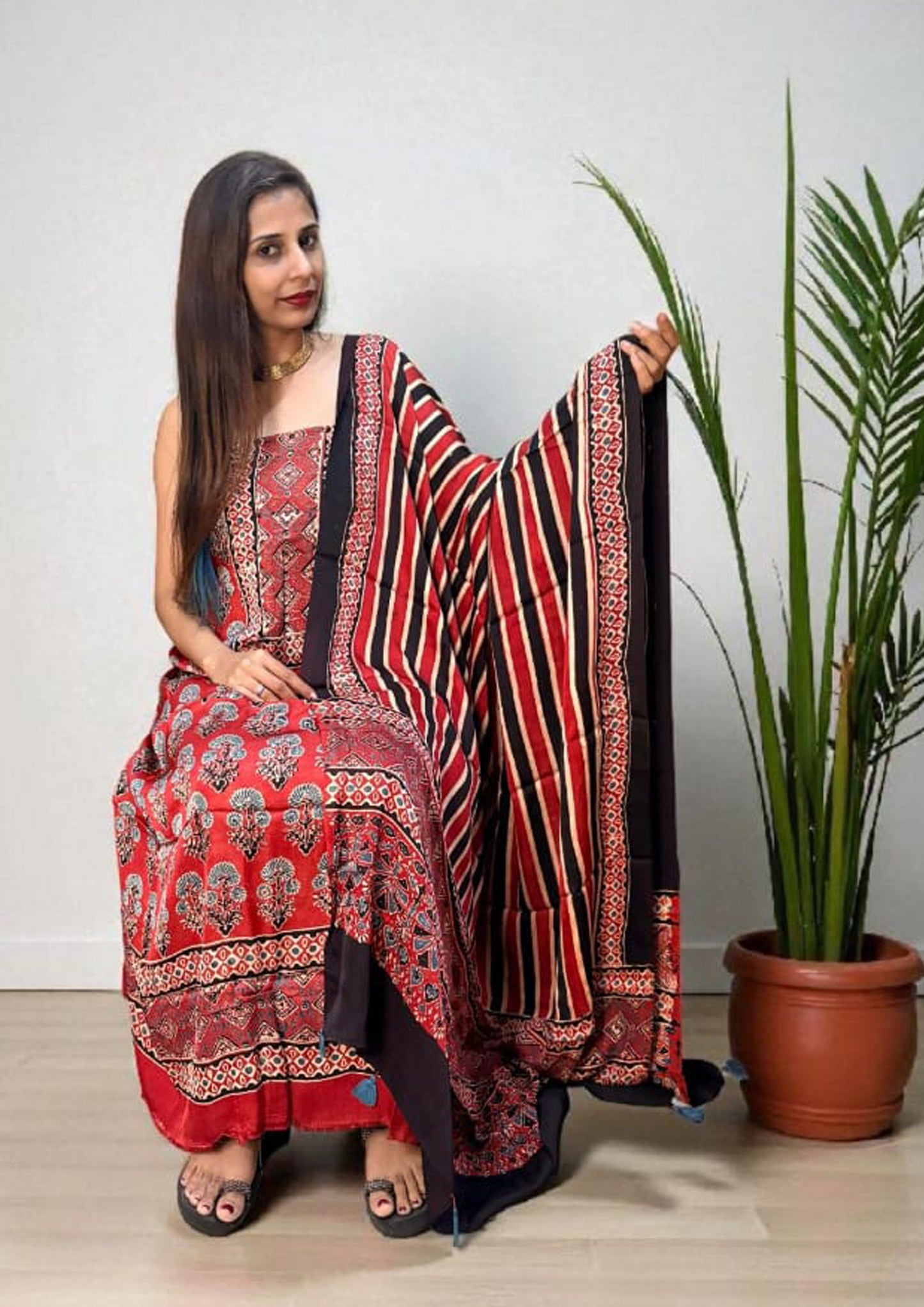 Ajrakh Handblock Printed Modal Suit- Red Ajm1