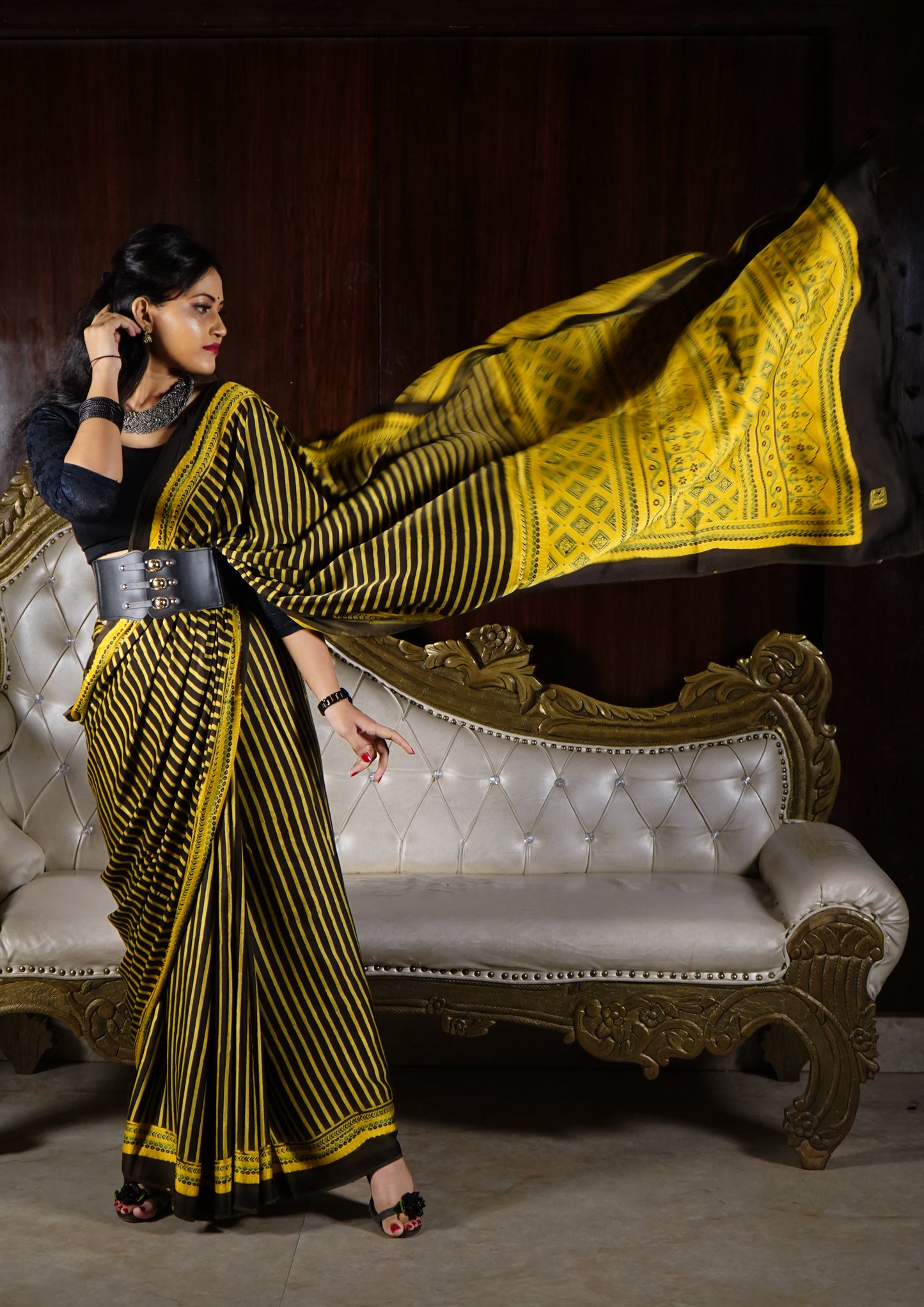 Ajrakh Handblock Printed Modal Saree- M10 Yellow