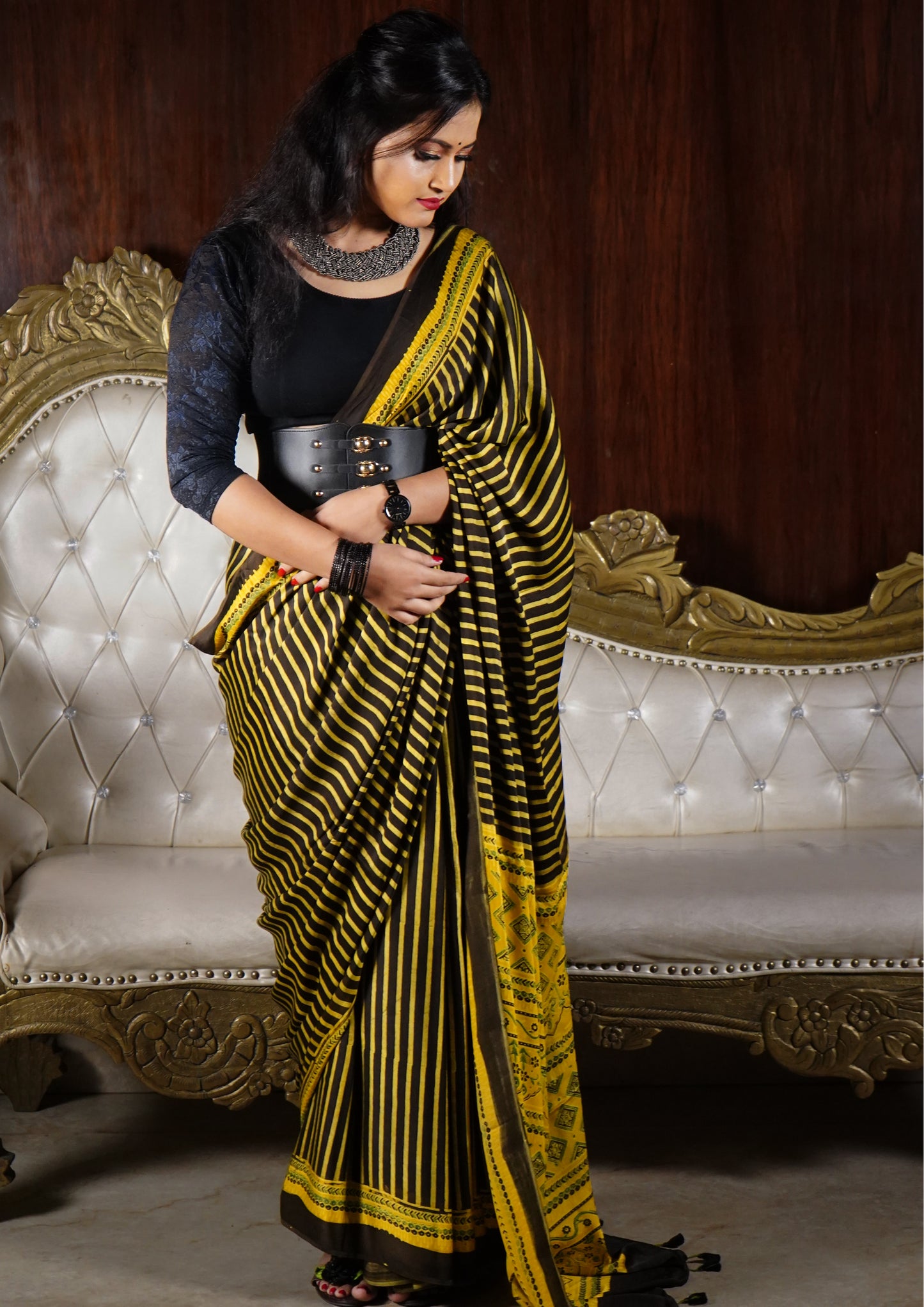 Ajrakh Handblock Printed Modal Saree- M10 Yellow
