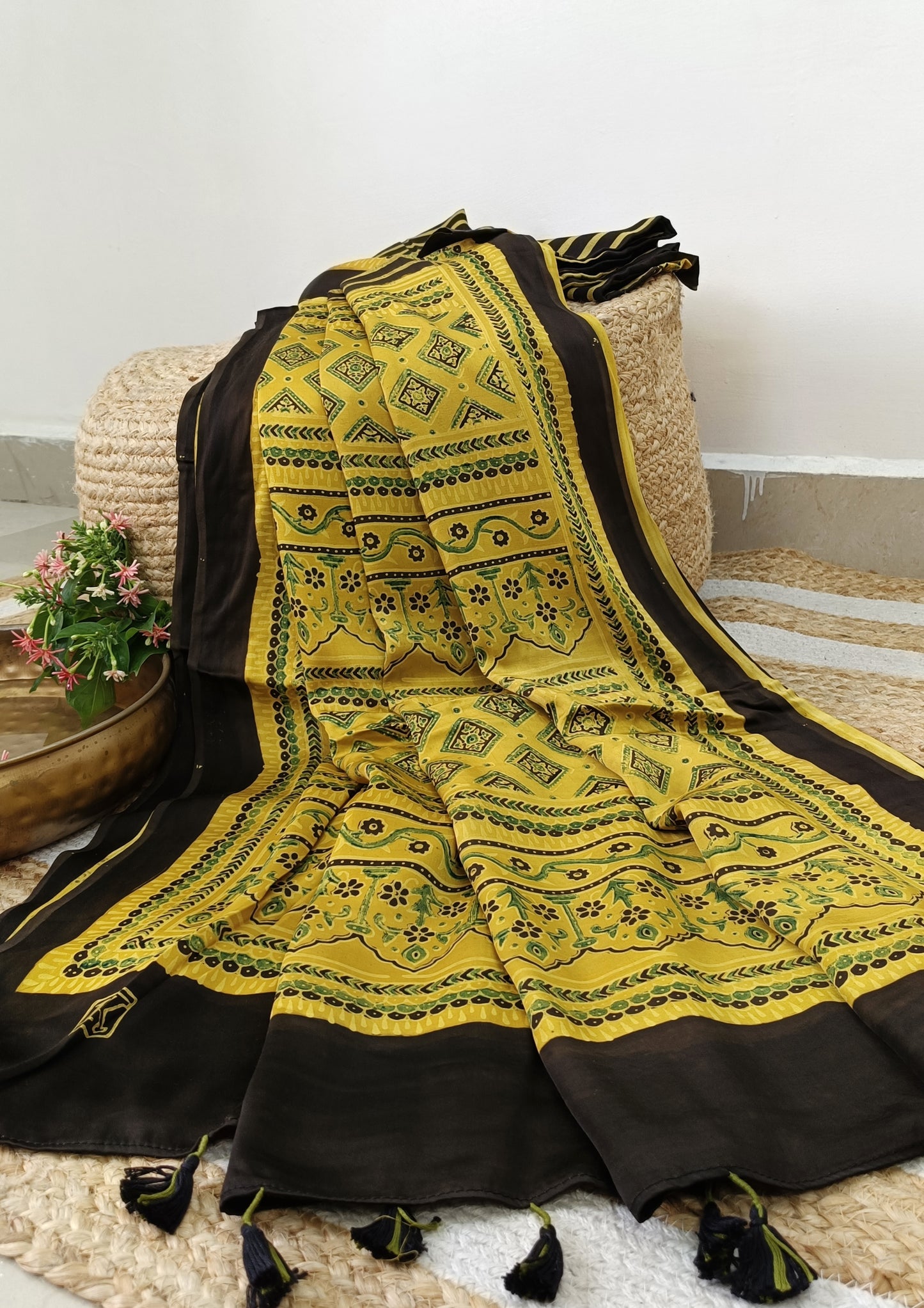 Ajrakh Handblock Printed Modal Saree- M10 Yellow