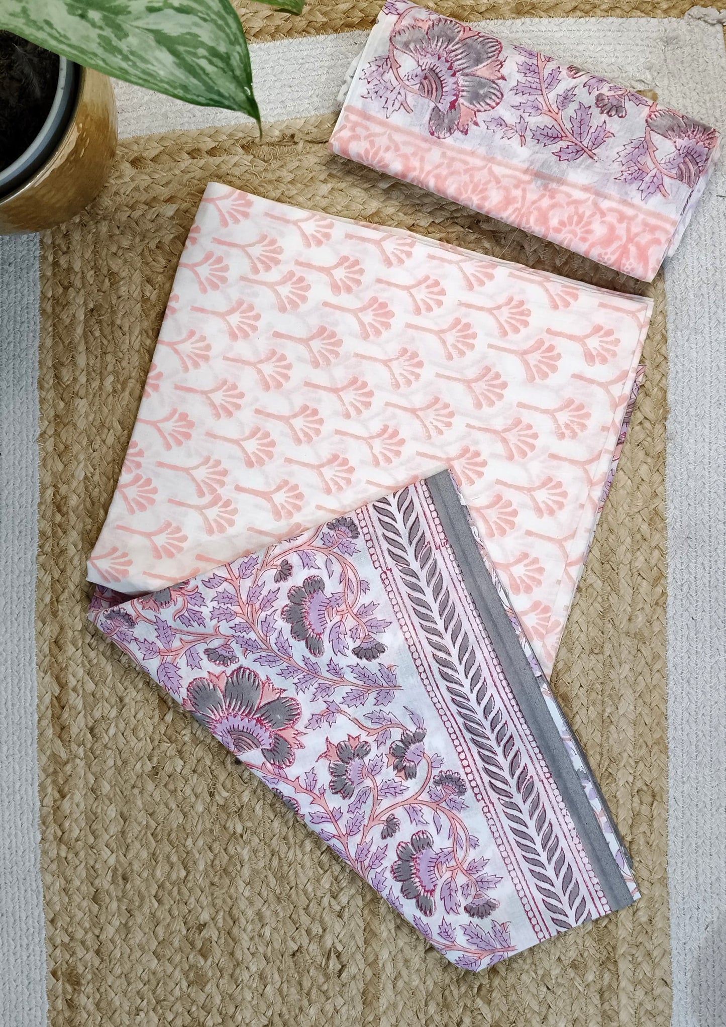 Bagru Handblock Print Suit B9- White & Soft Pink