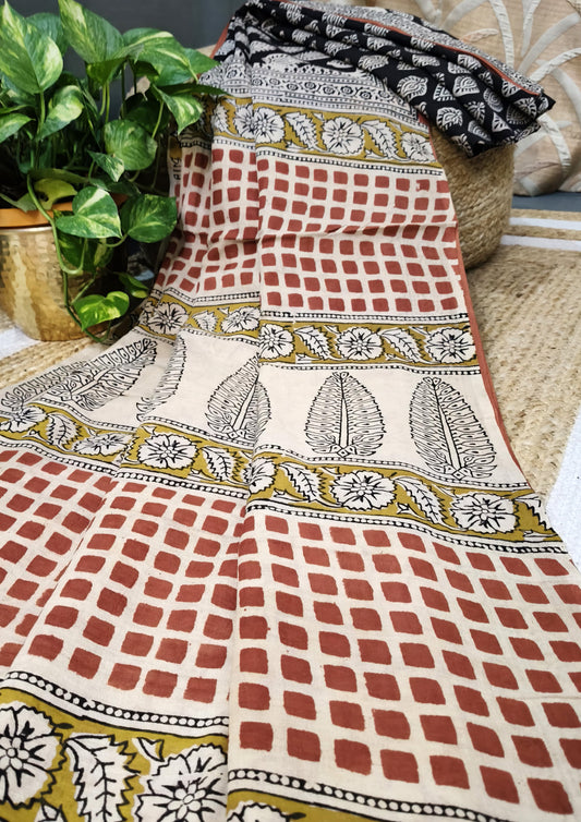 Bagru- Handblock print Cotton Saree- Black