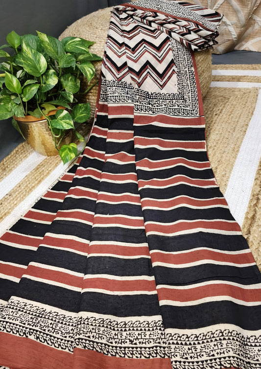 Bagru- Handblock print Cotton Saree- Cream Red2