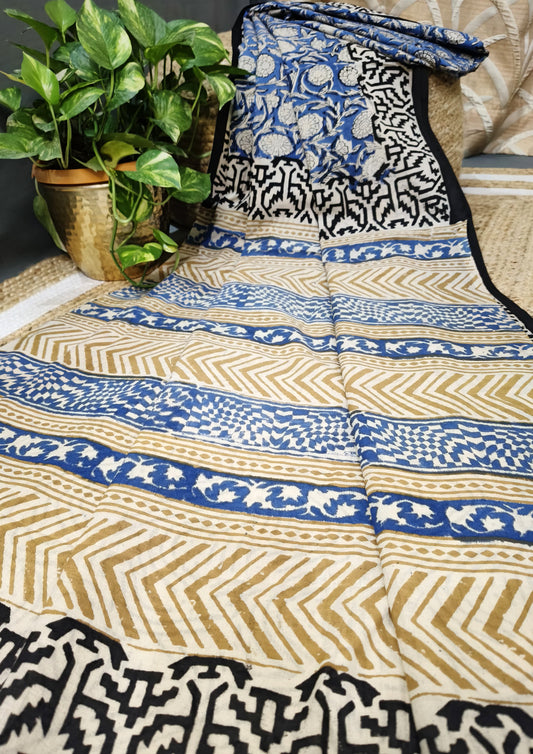 Bagru- Handblock print Cotton Saree- Blue