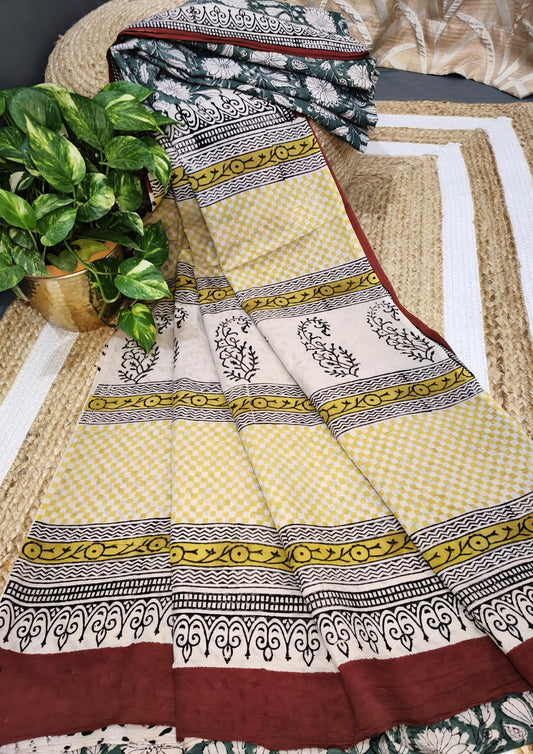 Bagru- Handblock print Cotton Saree- Green
