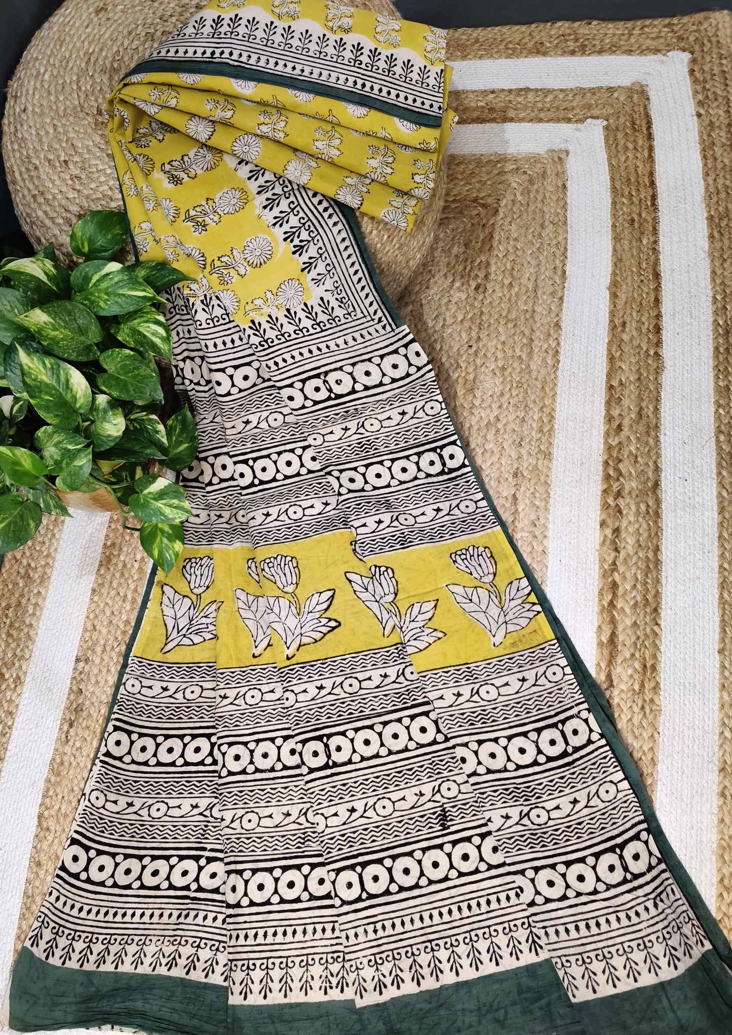 Bagru- Handblock print Cotton Saree- Mustard
