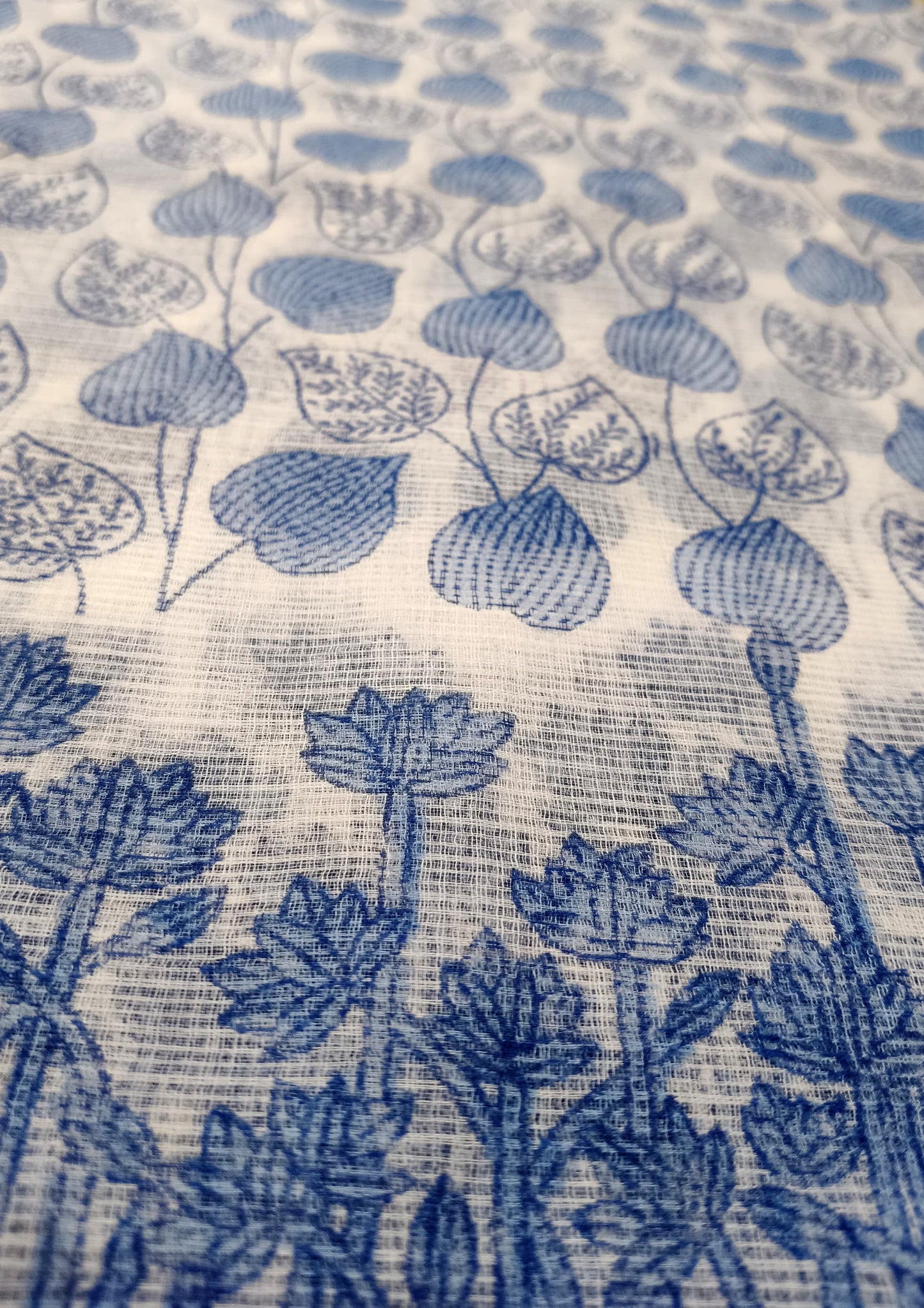 Bagru Handblock Print Kota Doria Saree- Blue Lotus
