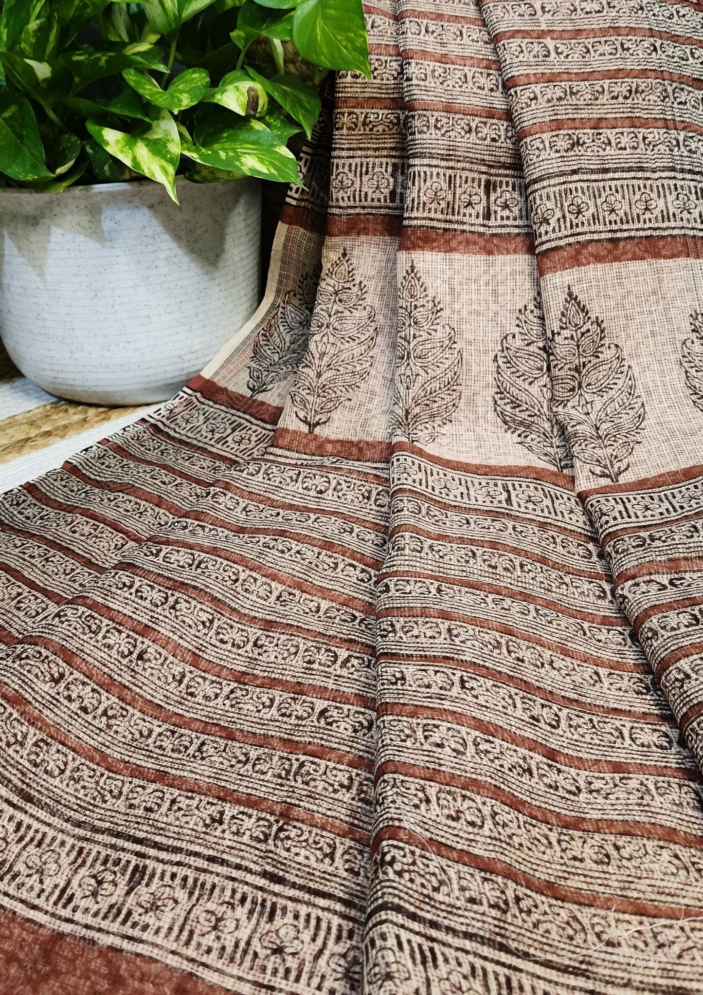 Bagru Handblock Print Kota Doria Saree- Red Flowers