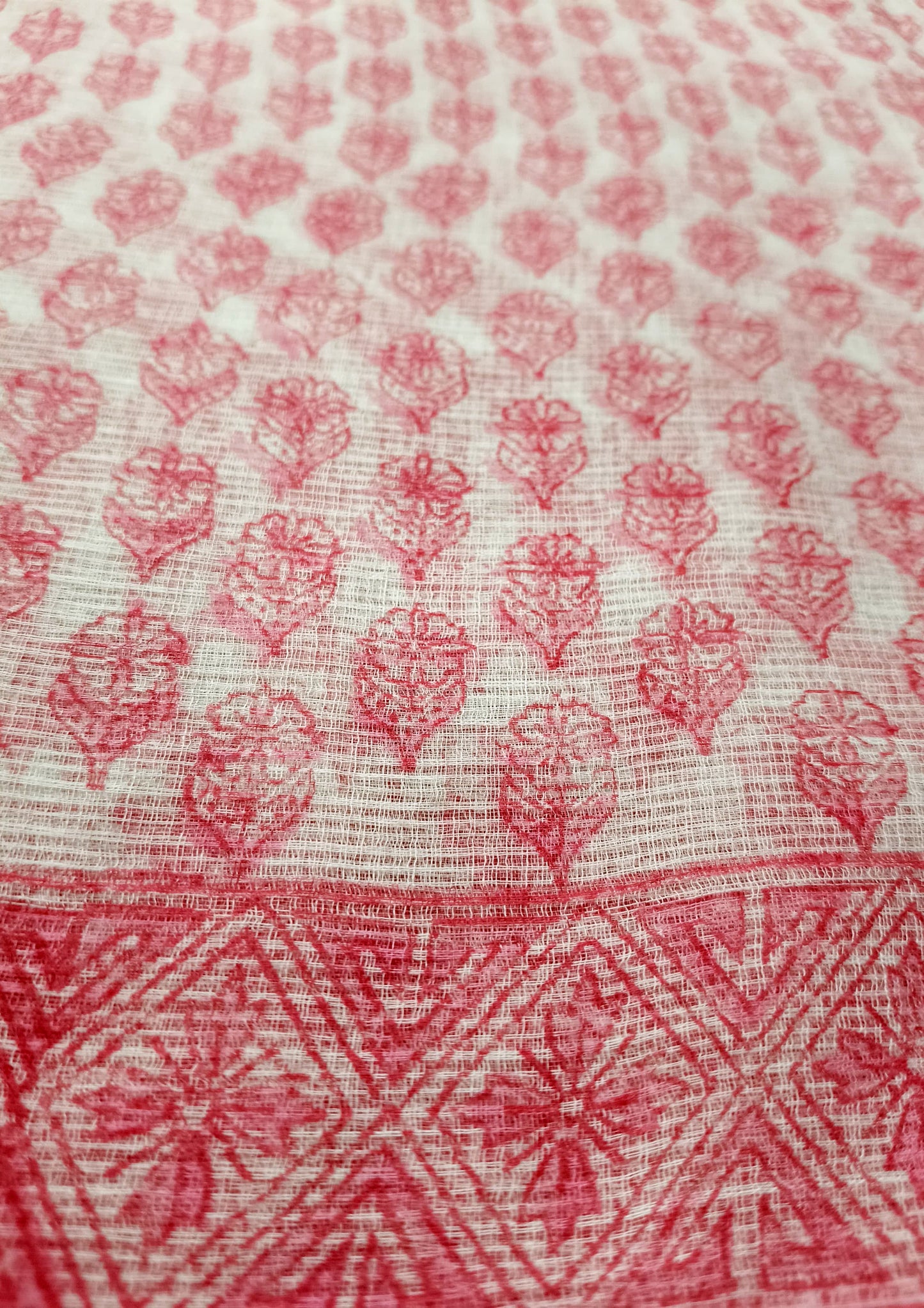 Bagru Handblock Print Kota Doria Saree- Pink Flowers