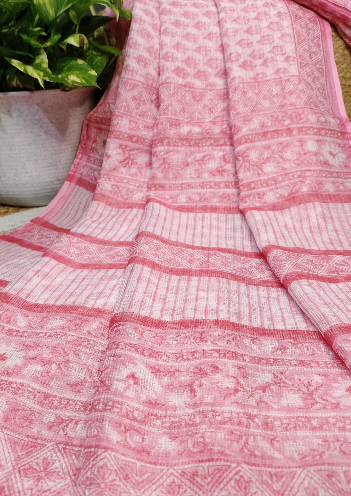 Bagru Handblock Print Kota Doria Saree- Pink Flowers