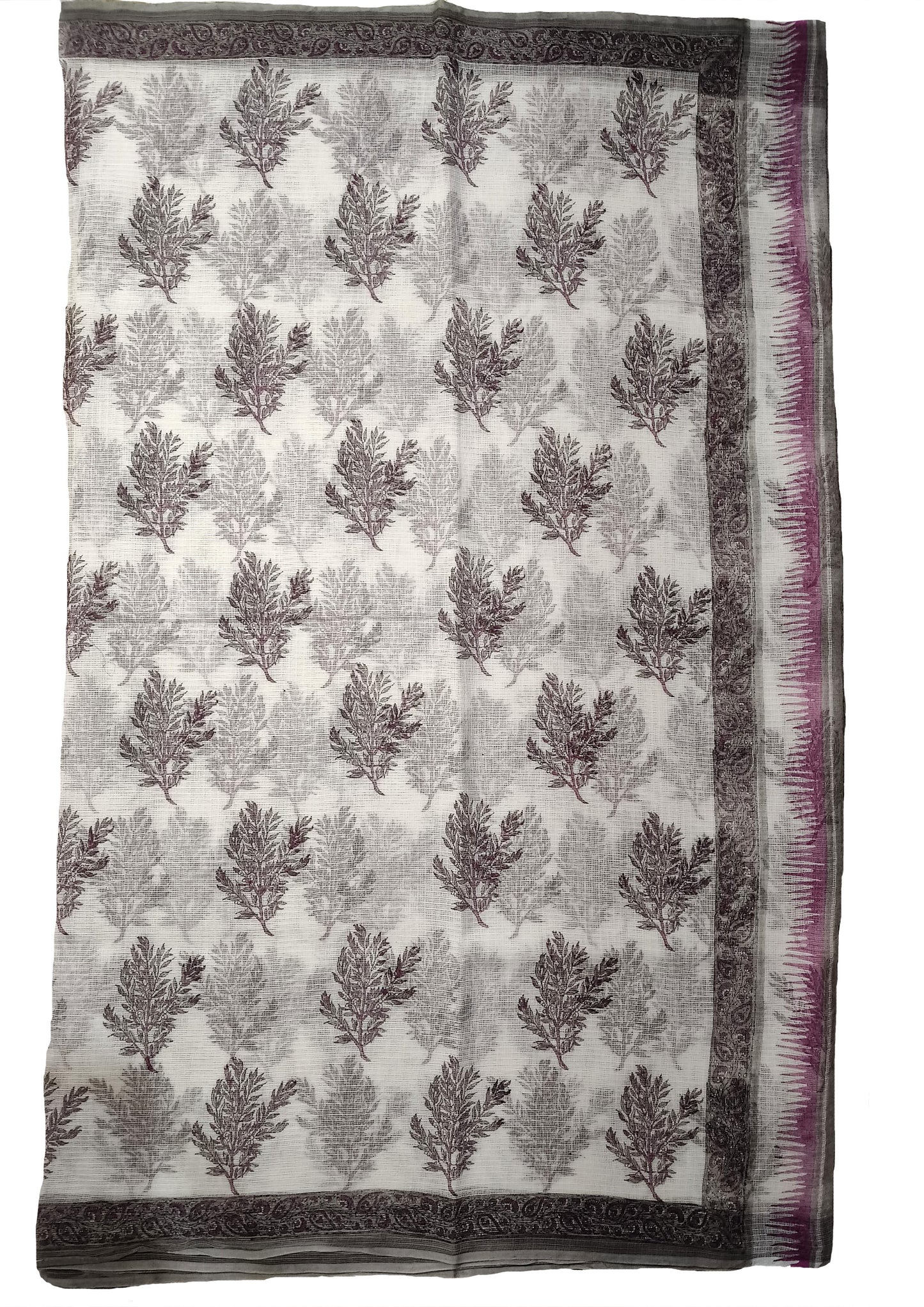 Bagru Handblock Print Kota Doria Sarees- Grey Pink Foliage