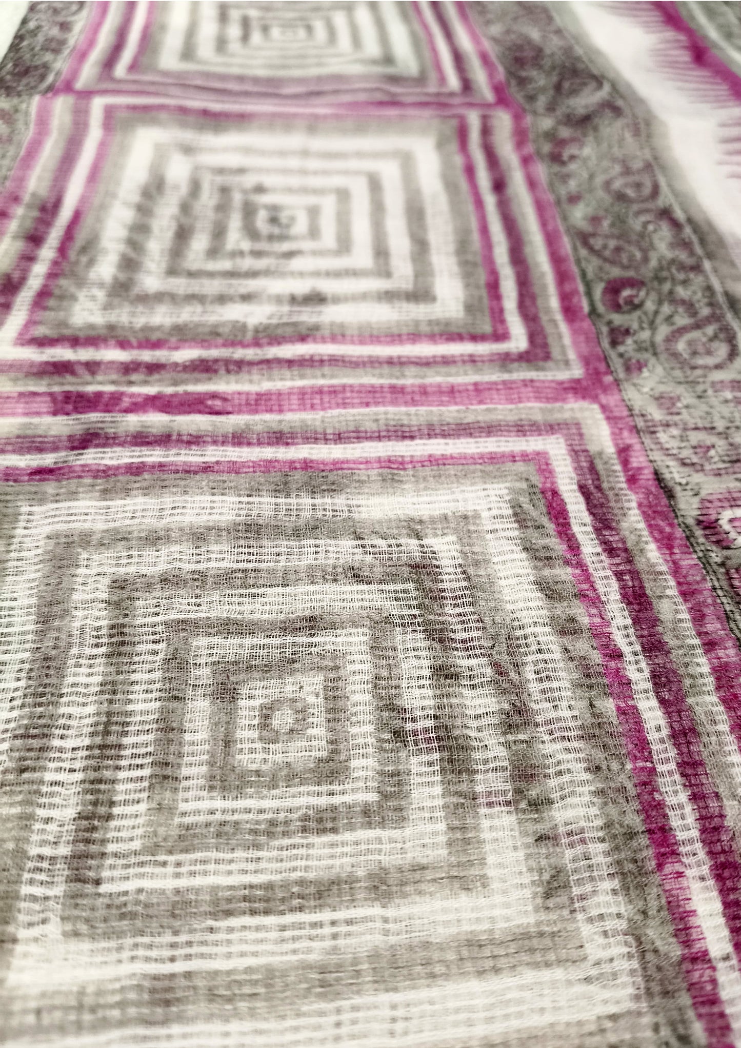 Bagru Handblock Print Kota Doria Sarees- Grey Pink Foliage