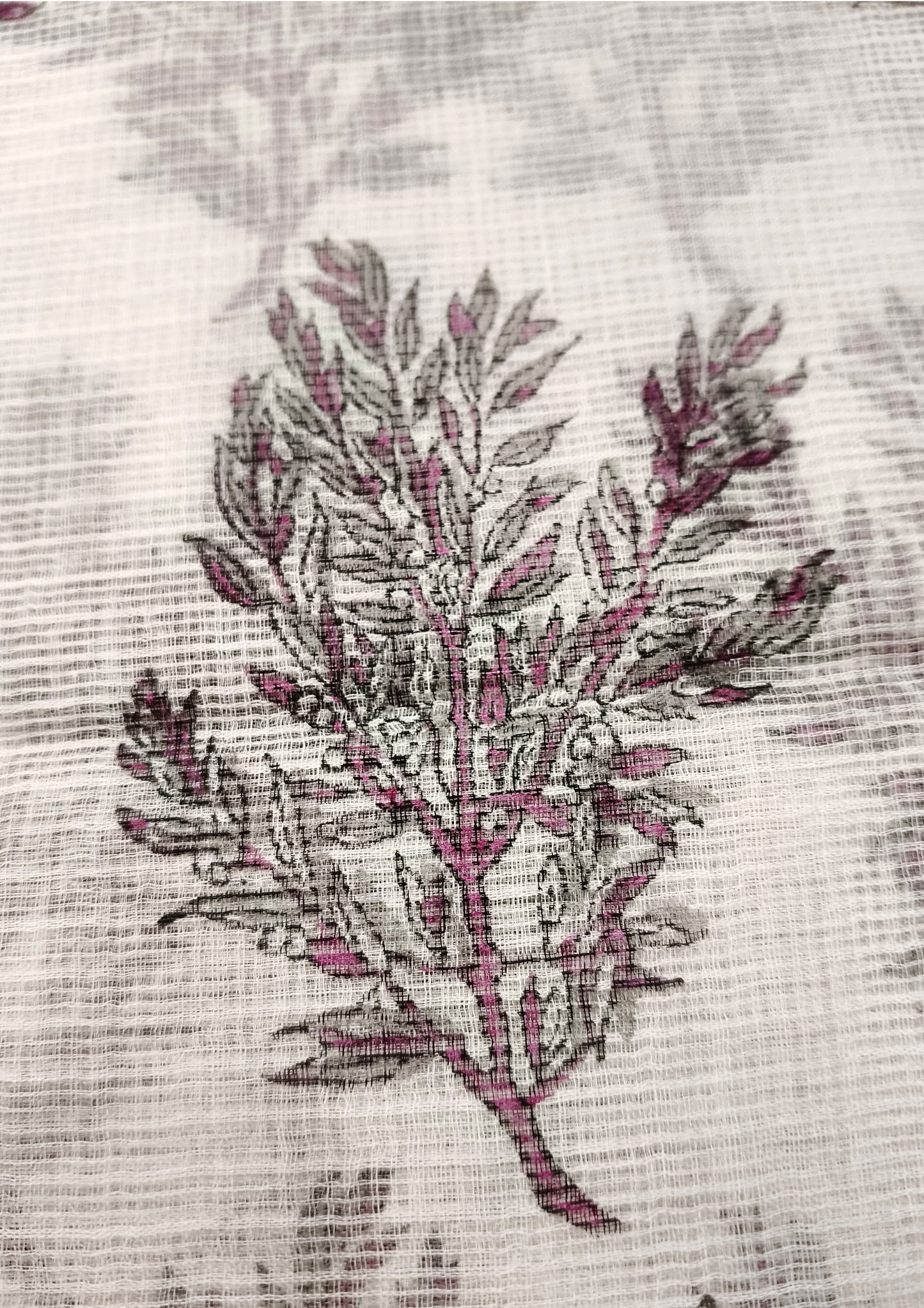 Bagru Handblock Print Kota Doria Sarees- Grey Pink Foliage