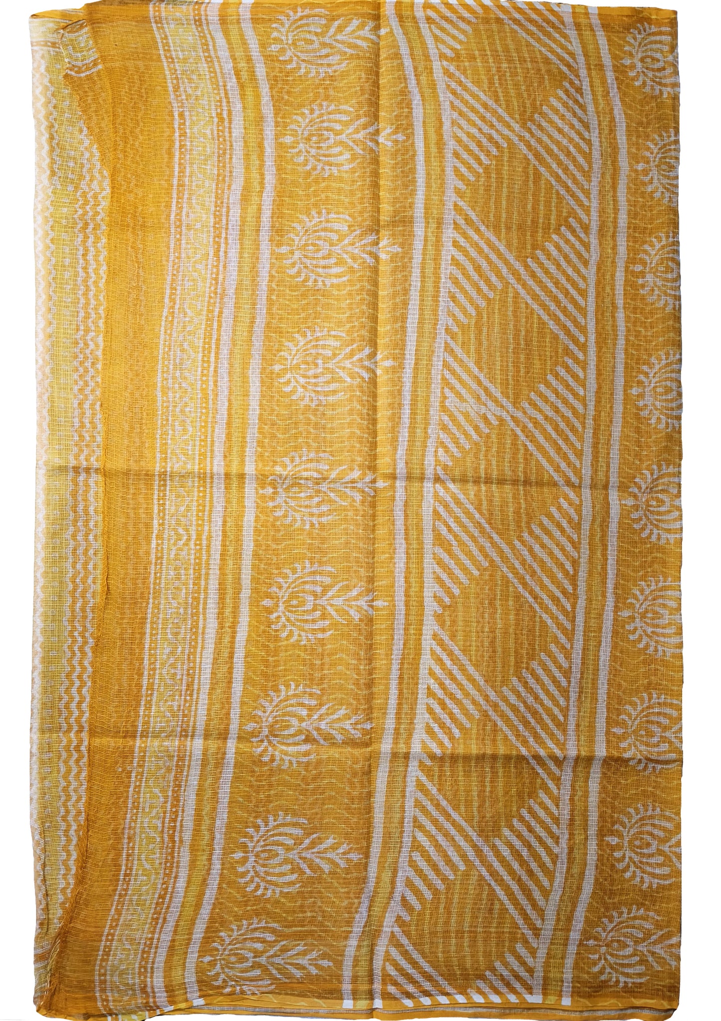 Bagru Handblock Print Kota Doria Saree- Yellow Waves