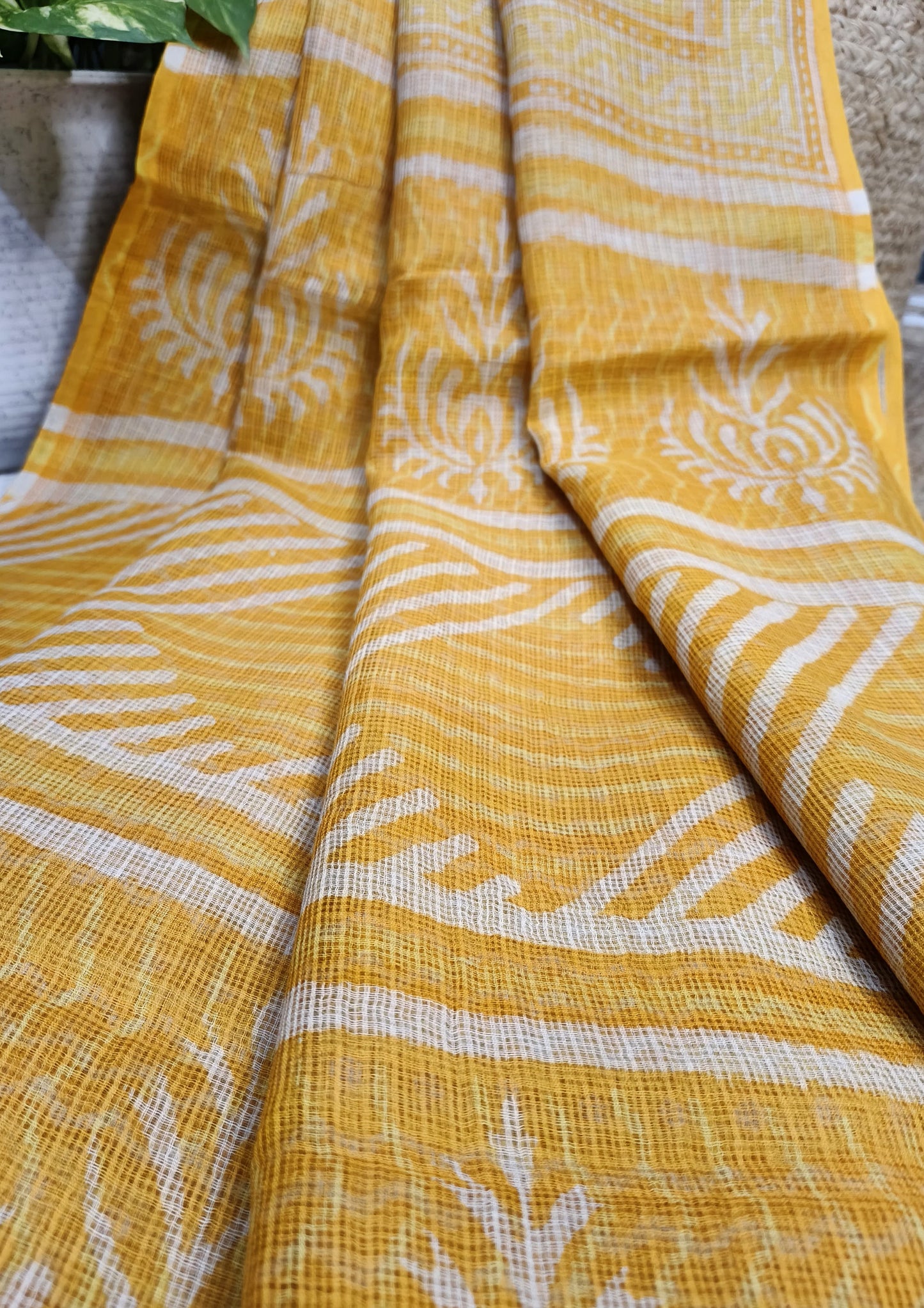 Bagru Handblock Print Kota Doria Saree- Yellow Waves