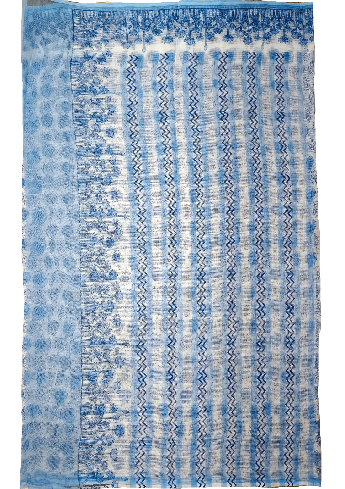 Bagru Handblock Print Kota Doria Saree- Blue Lotus