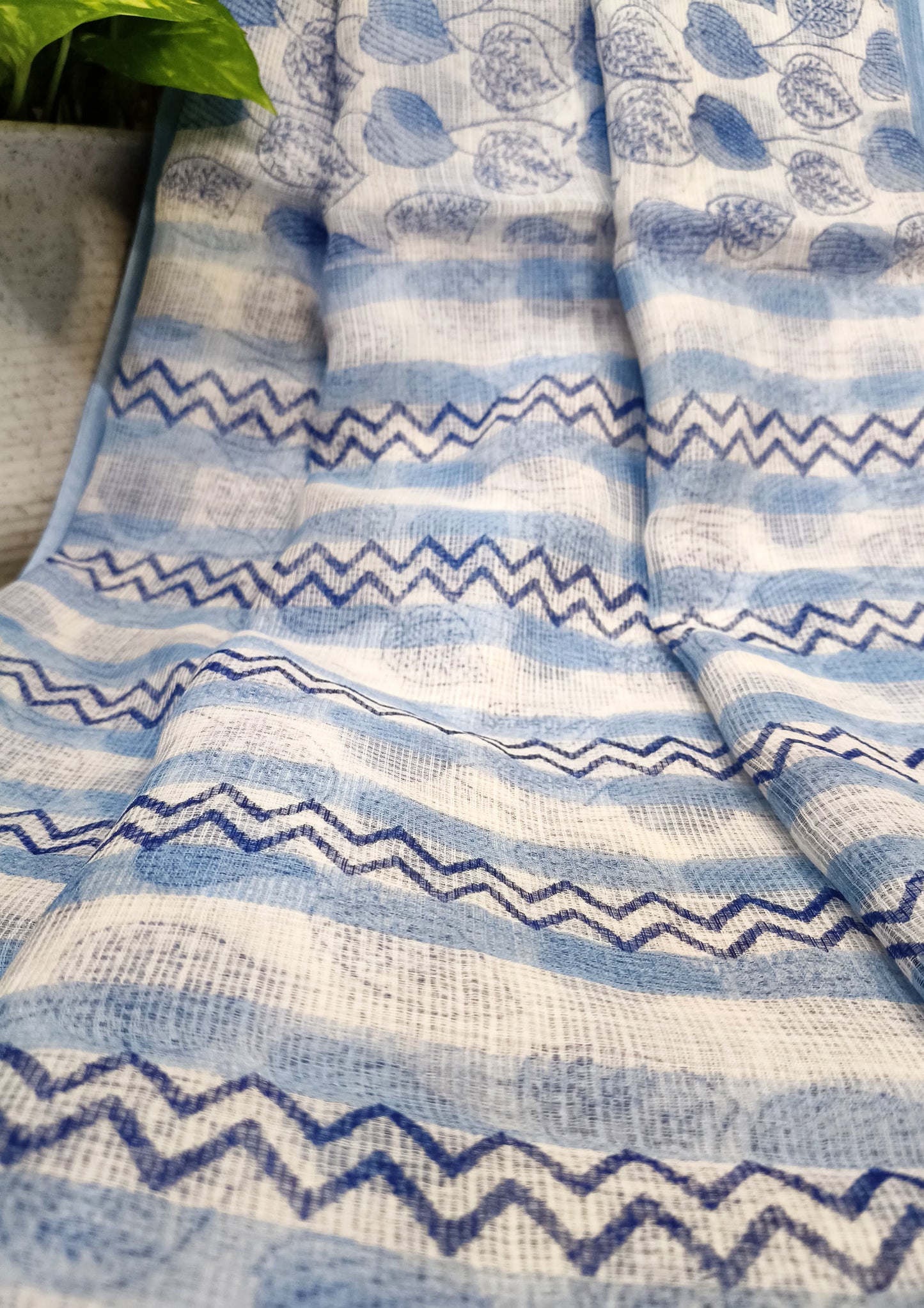 Bagru Handblock Print Kota Doria Saree- Blue Lotus