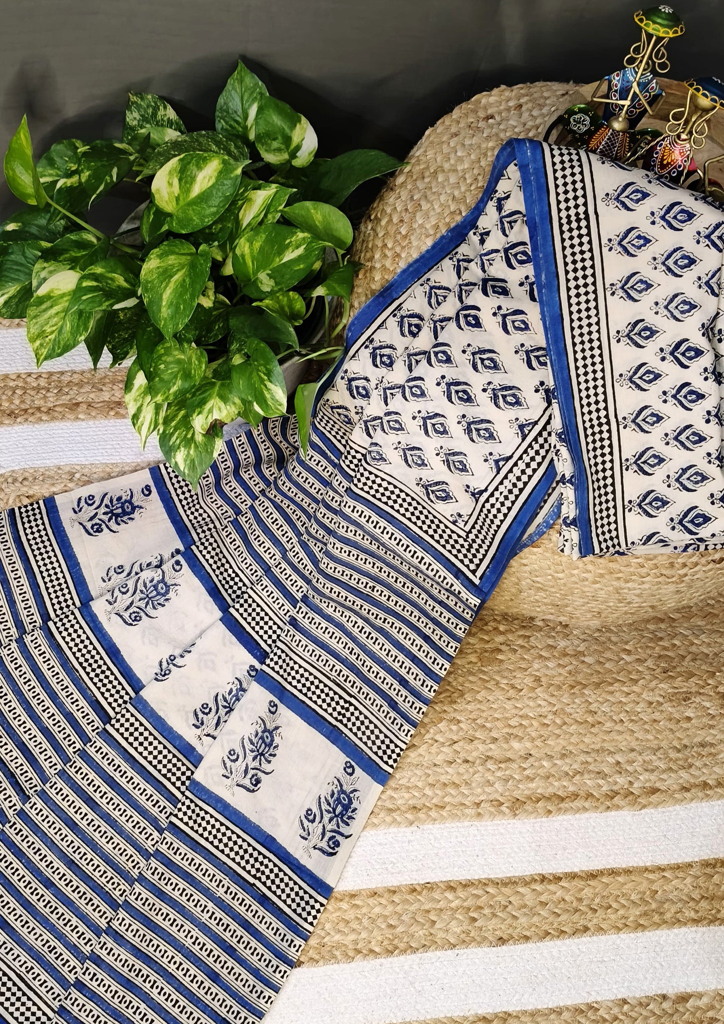 Bagru Handblock Print Cotton Mulmul Saree- Blue
