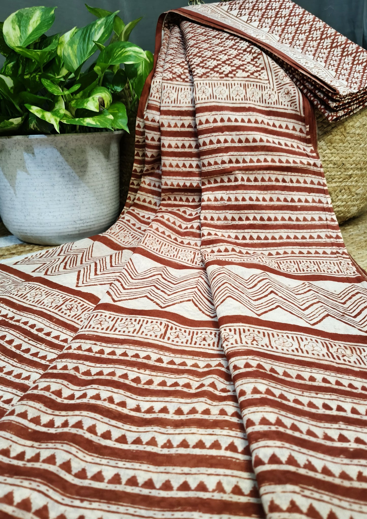 Bagru Handblock Print Cotton Mulmul Saree- Rust Red