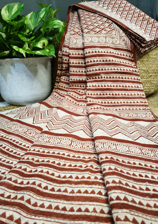 Bagru Handblock Print Cotton Mulmul Saree- Rust Red