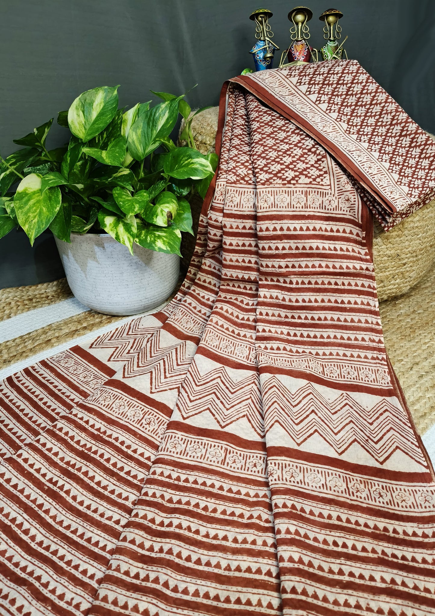 Bagru Handblock Print Cotton Mulmul Saree- Rust Red