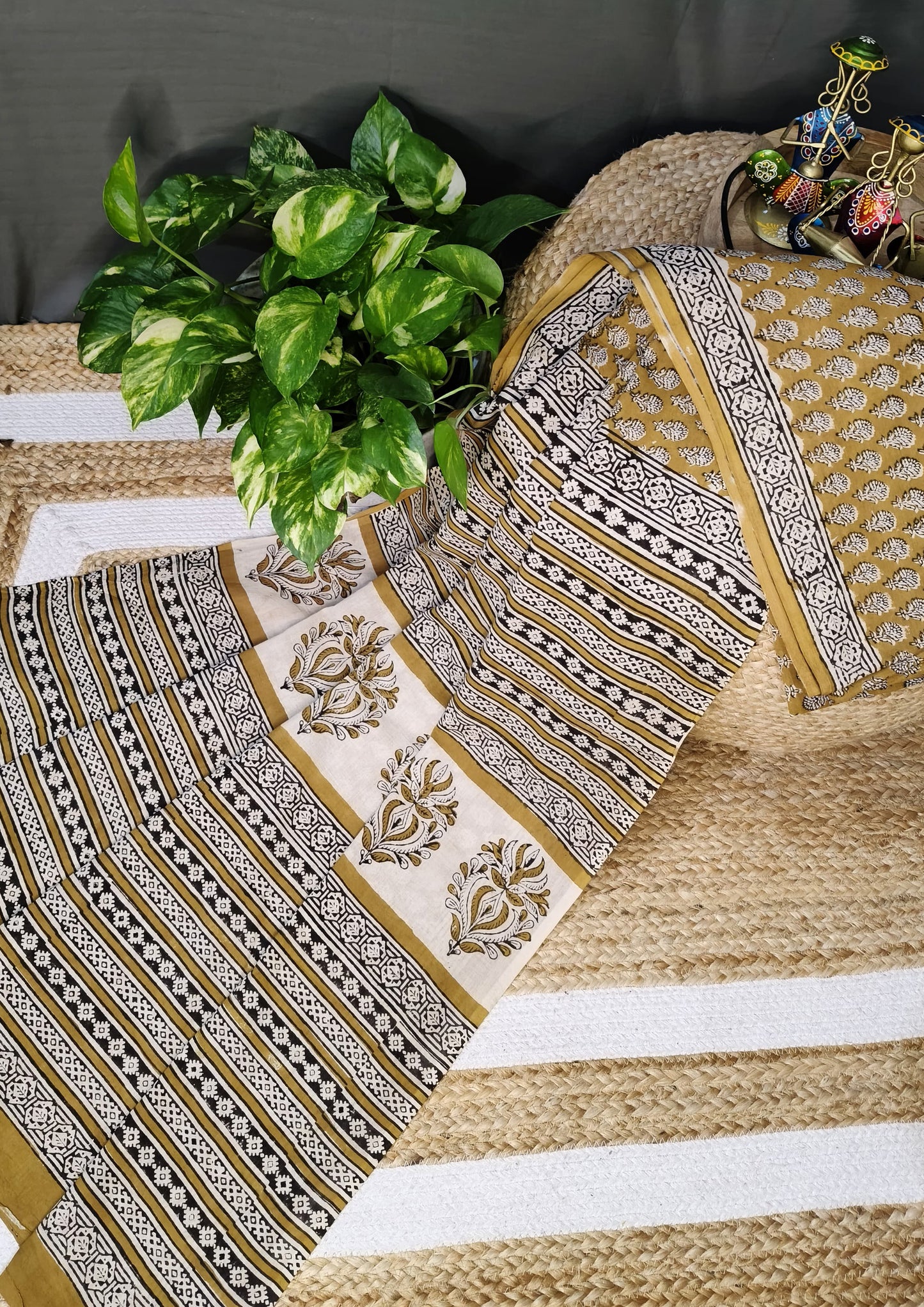 Bagru Handblock Print Cotton Mulmul Saree- Mustard