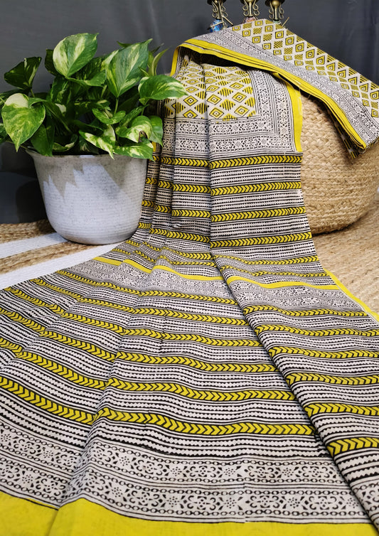 Bagru Handblock Print Cotton Mulmul Saree- Yellow