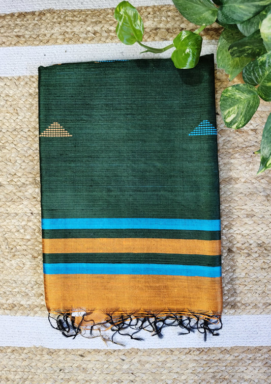 Bhagalpuri Tussar Silk Saree- 2 Mustard & Green