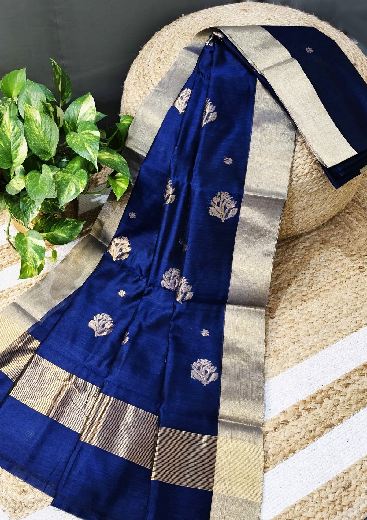 Chanderi Silk Saree- Bda phool buti- Deep Blue
