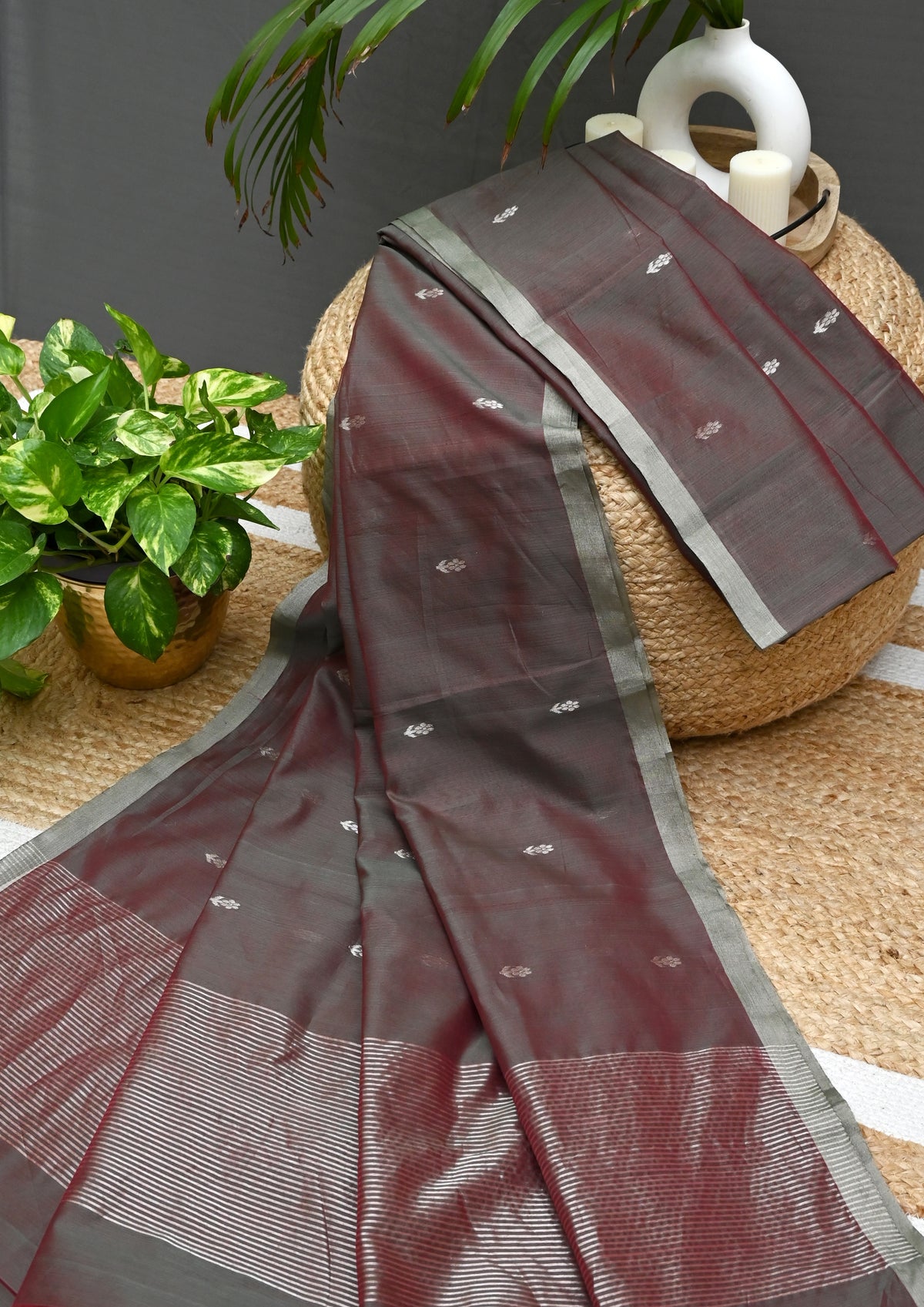 Chanderi Silk Saree Phool Buti- Brown