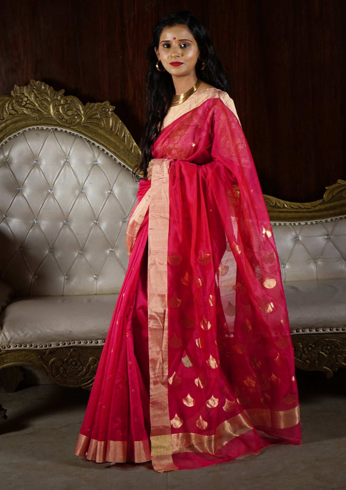 Chanderi Silk Saree- bund buti- Pink