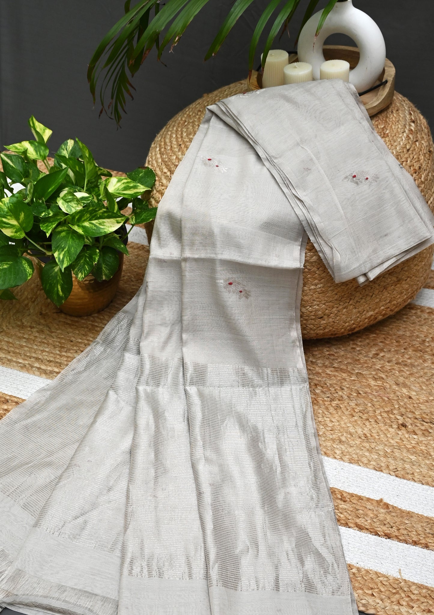 Chanderi Tissue Saree Meena Phool Buti- White