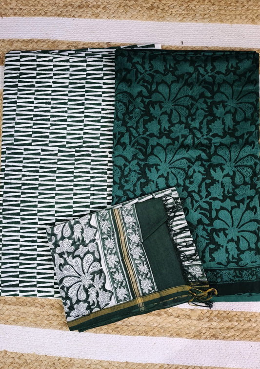 Sanganeri Chanderi Suit- Dark Green