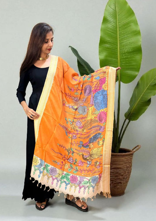 Kalamkari Handpainted Dupatta- Orange K7