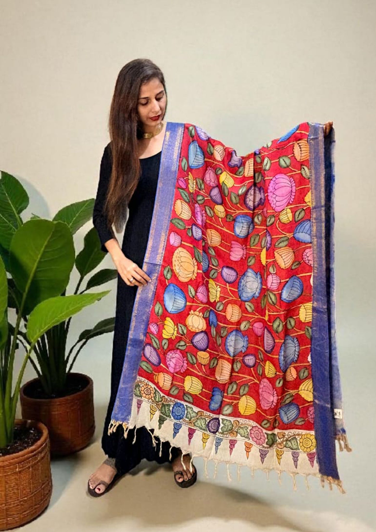 Kalamkari Handpainted Dupatta- Red K11